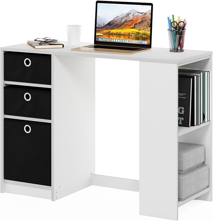 Furinno Jaya Desk 39.4 Wide Gaming Desk with Drawer Bins Computer Desk with Side Book Shelf Writing Desk Office Desk for Home Office Study Room Dorm Bedroom White