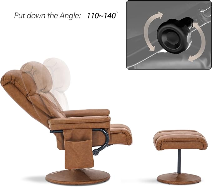 MCombo Swivel Recliner with Ottoman TV Chair with Vibration Massage Ideal for RV Small Space Living Room &amp Bedroom 4539 4828 (Faux Leather Saddle)