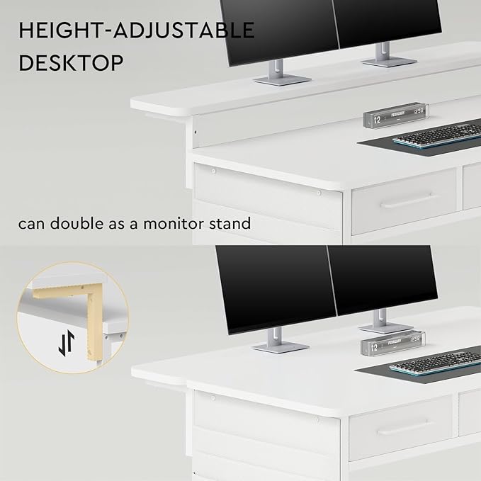 Small desk with Drawers 31.5X15.8-22.9 Inches Office Computer Desk with Side Pocket &amp Ergonomic Adjustable Monitor Stand Writing Table for Small Spaces Kids desk vanity desk Bedroom White