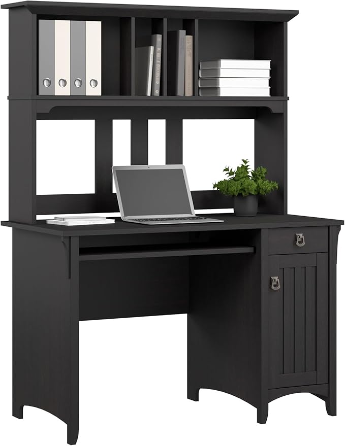 Bush Home Salinas Computer Desk with Hutch | Study Table with Drawers Cabinets &amp Pullout Keyboard/Laptop Tray | Modern Home Office Desk in Vintage Black | Work Desk with Storage