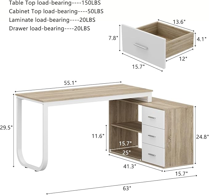 WOODTIME Walnut and White L Shaped Office Desk with 3 Drawers &amp 2 Shelves 55 Inch Reversible Corner Computer Desk Home Office Executive Writing Sturdy Desk with Metal Legs
