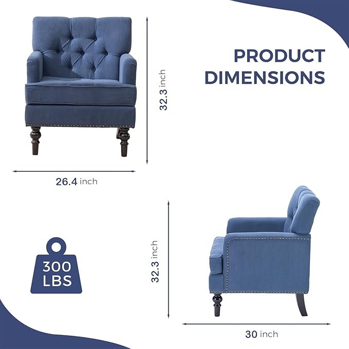 Chifee &amp Vingol Wingback Chair Upholstered Button Armchair Upholstered Living Room Chairs Comfy Single Sofa ChairLinen Blue