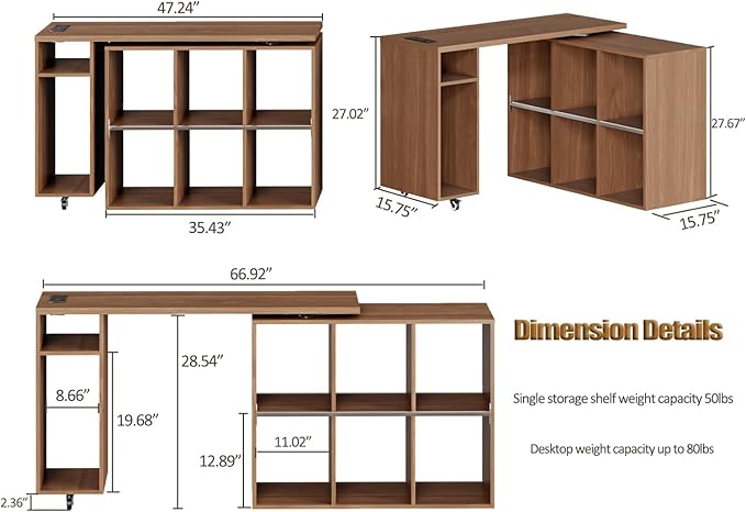 L-Shaped Desk with Storage–Small Study Table with Charging Station Rotating Writing Desk &amp Corner Computer Desk for Home Office 67” Long Bed Side Table（Oak）