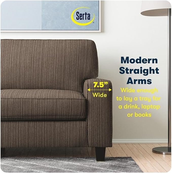 Pemberly Row Modern 73 Track Arm Sofa Removable Covers Brown Polyester Upholstery Space-Saving Design Solid Wood Frame Comfortable Seating for Living Room Home Office or Small Apartments