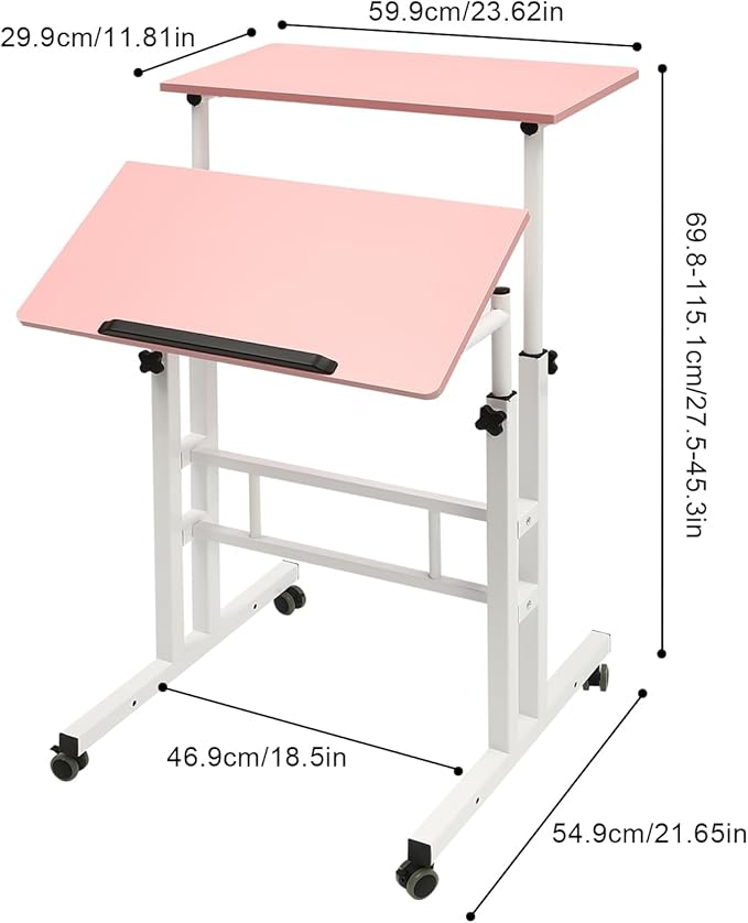 Height Adjustable Table Small Adjustable Standing Desk with Wheels Home Office Workstation Portable Rolling Desk Laptop Cart for Standing or Sitting (Pink)
