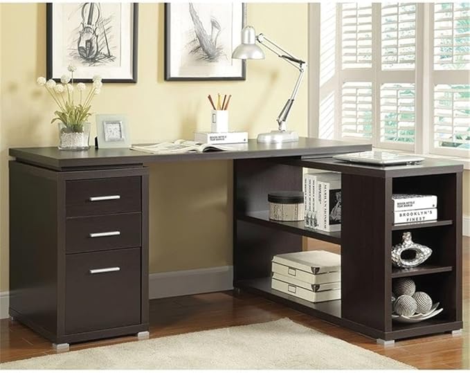 Scranton &amp Co L-Shaped Wood Writing Desk Cappuccino Finish 60 W x 47.25 D x 29.5 H MDF and Laminate 3 Drawers Shelves Reversible Setup Contemporary Home Office Desk with Storage