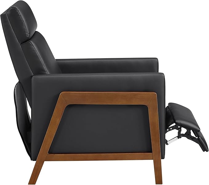 Lexicon Push Back Recliner Chair Faux Leather Upholstered Reclining Chair with Footrest Exposed Dark Brown Finish Wood Frame Small Recliner for Small Space Living Room Bedroom Black