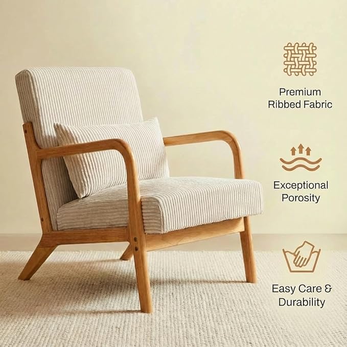 Corduroy Upholstered Mid Century Modern Accent Chair with Wide Armrests and Pillow Comfy Reading Armchair for Living Room Bedroom Guest Room (Beige+Light Oak Finish Frame)