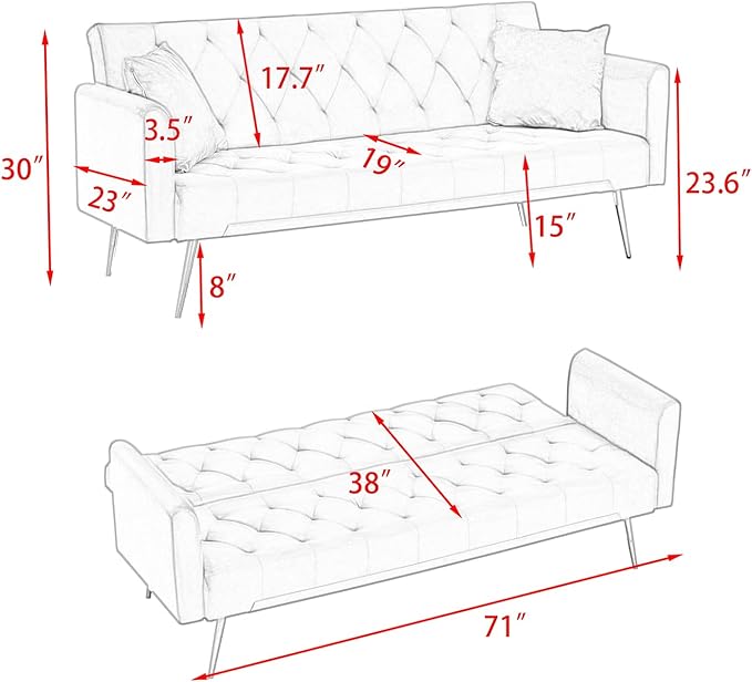 KINFFICT Velvet Futon Sofa Bed with 2 Pillows Convertible Sleeper Sofa Couch with 3 Angle Adjustable Backrest Modern Loveseat with 4 Golden Metal Legs for Living Room and Bedroom