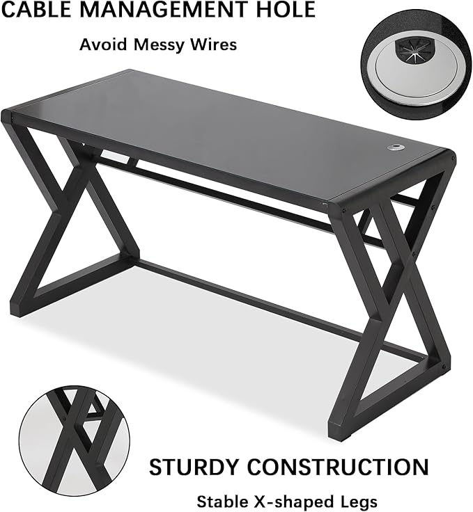 MANBUR Computer Desk Tempered Glass Computer Table Desk with Metal Frame Modern Simple Style Desk 55 in Study Writing Desk Workstation for Home Office (Black)