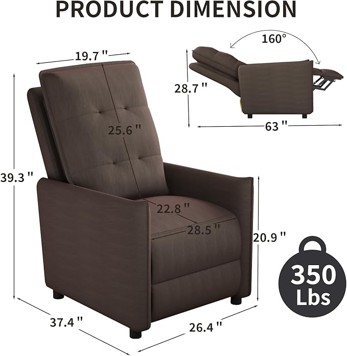 Manual Recliner Chair for Adult Velvet Reclining Chair with Chunky Cushion for Small Space Comfortable Reclining Sofa for Living Room Bedroom Home Theater Easy Assembly (Coffee)