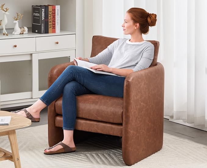 EALSON Leather Upholstered Modern Accent Chair Mid-Century Barrel Armchair with Padded Cushion Comfy Reading Chair for Living Room/Bedroom Brown