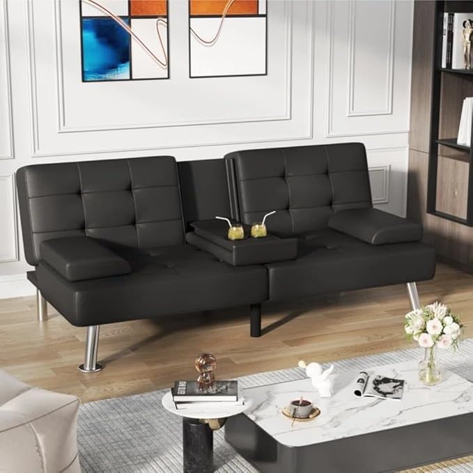 GUNJI Multi-Functional Faux Leather Futon Sofa Bed with Removable Armrests and Adjustable Sleeper Function Double Cup Holder Design Suitable for Living Room