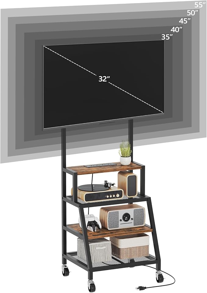 Rolling TV Stand with Mount Corner TV Console with Wheels Up to 55 Inches Entertainment Center with Storage Small TV Stand with Power Outlet for Living Room Rustic Brown TVHR117E01