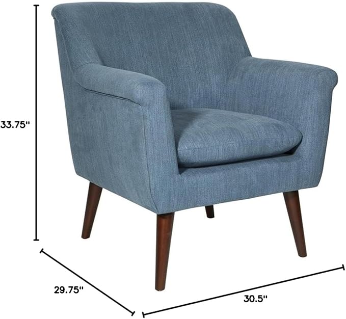 Pemberly Row Accent Chair 29.75 W x 30.5 D x 33.75 H Blue Steel Fabric Upholstery Dark Coffee Solid Wood Legs Mid-Century Style Rolled Arms High Density Foam Cushion for Living Room or Home