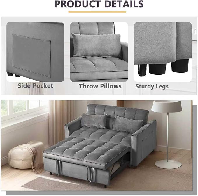 3 in 1 Pull Out Couch Bed Convertible Futon Sofa Bed Velvet Sleeper Loveseat for Small Living Room Adjustable Backrest Comfy Pillows Side Pocket (Dark Grey)