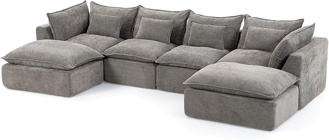 130 Oversized Cloud Sectional Sofa U Shaped Boneless 4-Seater Modular Couch with Ottoman Extra Deep Seat Compressed Foam Sofa for Living Room Gray