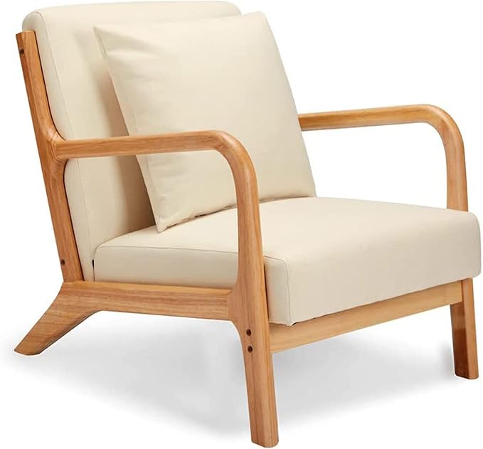 JOMEED Oak Wood Frame Mid Century Modern Accent Leisure Chair for Modern and Retro Decor Style Living Room with Soft Linen Upholstery Beige