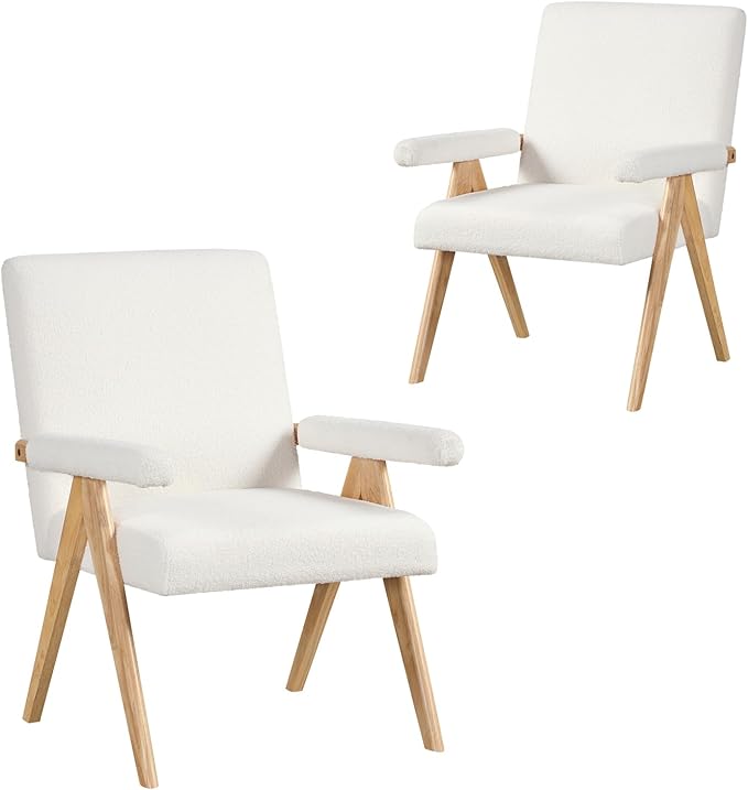 Giantex Mid-Century Modern Accent Chairs Set of 2 Sherpa Fabric Reading Chair with Padded Armrests Solid Rubber Wood Frame Upholstered Side Arm Chair for Living Room Bedroom Office Beige