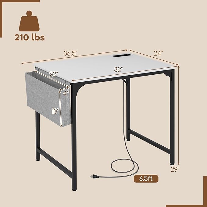 32 Inch Computer Desk Modern Writing Desk with Heavy-Duty Metal Frame Storage Bag &amp Charging Station Home Office Workstation Table for Conference &amp Meeting Room (1 White &amp Black)