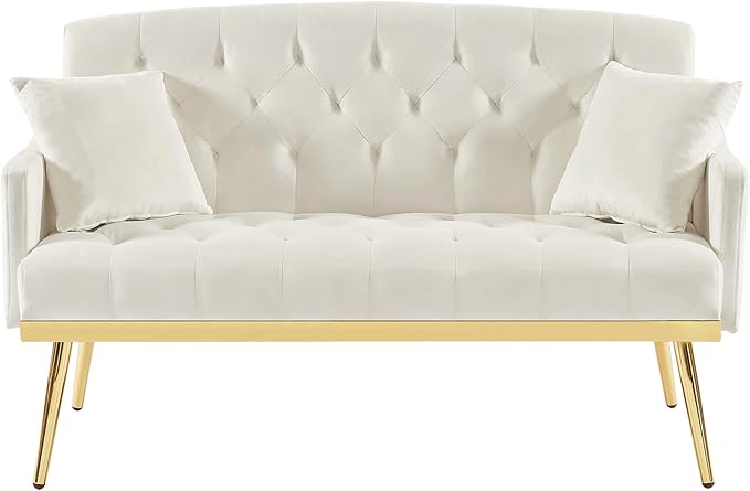 Velvet Tufted Small Loveseat Sofa Modern 2 Seater Accent Sofa Couch with Gold Metal Legs and 2 Pillows for Living Room (Cream White)