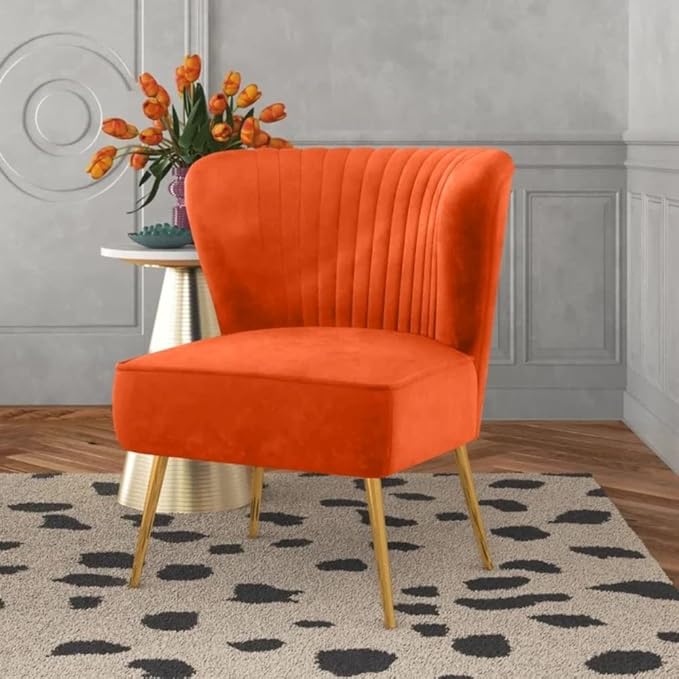 Eye-Catching Elegant Wide Tufted Velvet Lounge Chair Living Room | Pleated Details Soft Foam Filling Solid Wood &amp Gold Metal Legs | Size: 31''H x 26''W x 29.5''D Glam Luxe Look Pretty Orange Colo