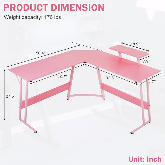 51 Inch L Shaped Gaming Desk Corner Computer Desk with Detachable Monitor Stand for Home Office Learning Gaming WorkstationPink
