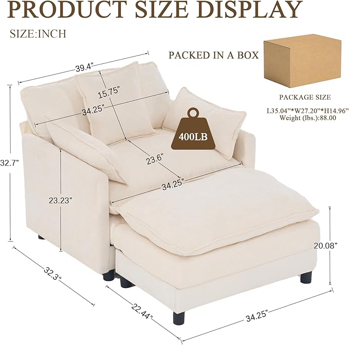 Oversized Accent Chair with Ottoman Chenille Cloud Single Sofa Upholstered Double-Layer Seat Lounge Armchair with Pillows for Living Room Reading Apartment Beige