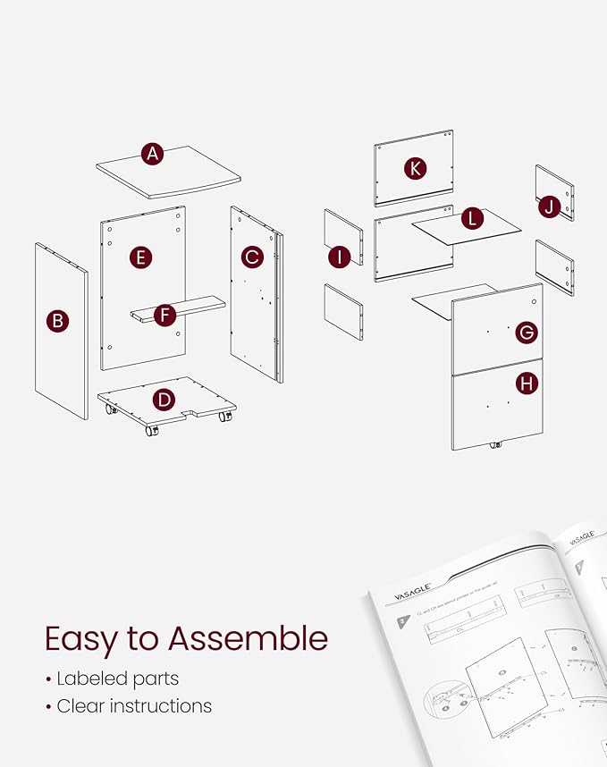 VASAGLE 2-Drawer File Cabinet Locking Filing Cabinet for Home Office Small Rolling Printer Stand A4 Letter-Size Hanging Files Assembly Required Snow White ULCD027T46V2