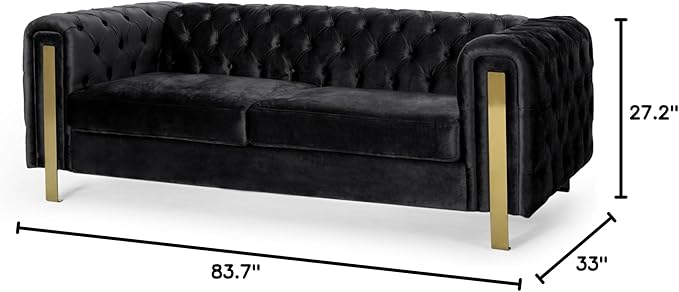 Tufted Velvet Sofa Couch for Living Room Upholstered Tuxedo Arm 3-Seater Sofa Couch with Golden Legs Chesterfield Sofa Apartment Office Studio Black