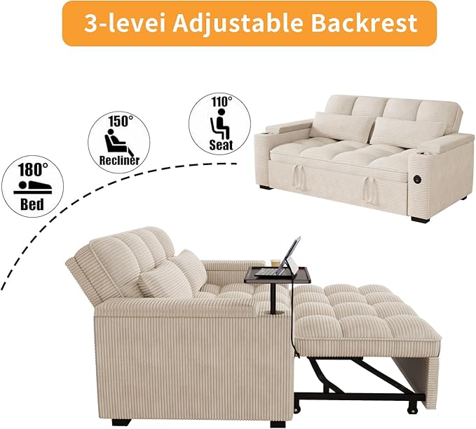 65 Sofa Bed Loveseat 3-in-1 Sleeper Sofa with Pull Out Bed 360° Swivel Side Table and USB 2 Seater Convertible Small Couch for Living Room Apartment (Beige Corduroy)
