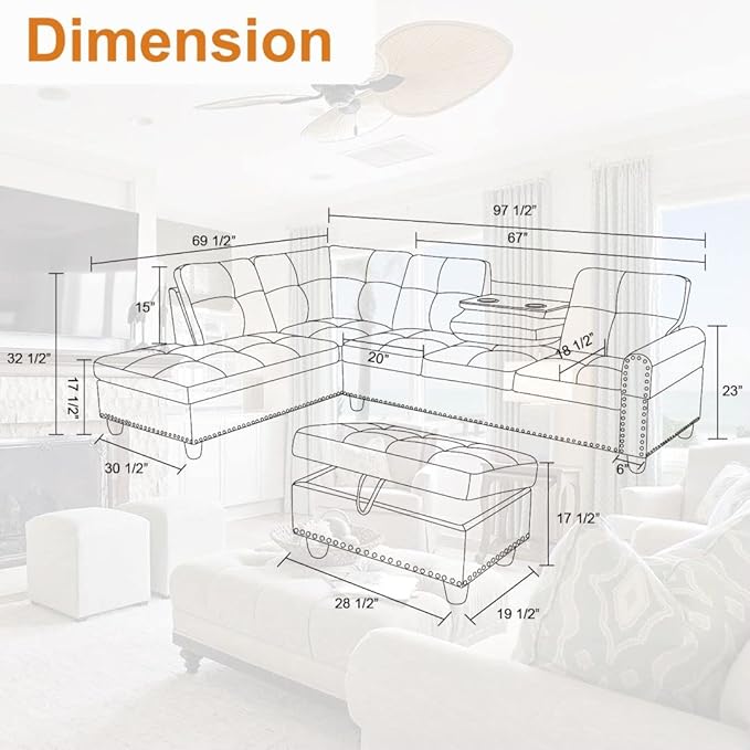 L Shaped Sectional Couch with Storage Ottoman Modern Nailhead Comfy Lounge Sofa with Reversible Cup Holder &amp Chaise 97 4 Seat Modular Sofá for Living Room Apartment Ginger