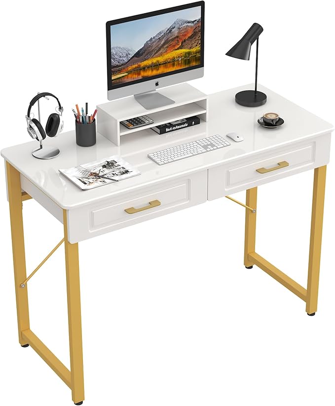 WESTREE Modern Makeup Vanity Desk with Glossy DesktopBedroom Home Office Writing Desk with Drawers Storage Shelf Gold Metal Frame for Dressing Table Without Mirror