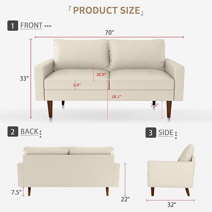 70 Loveseat SofaFaux Leather Couch with Thick Cushion and Wooden LegsLove Seat Sofa Couches for Living Room Bedroom Office Home Apartment White