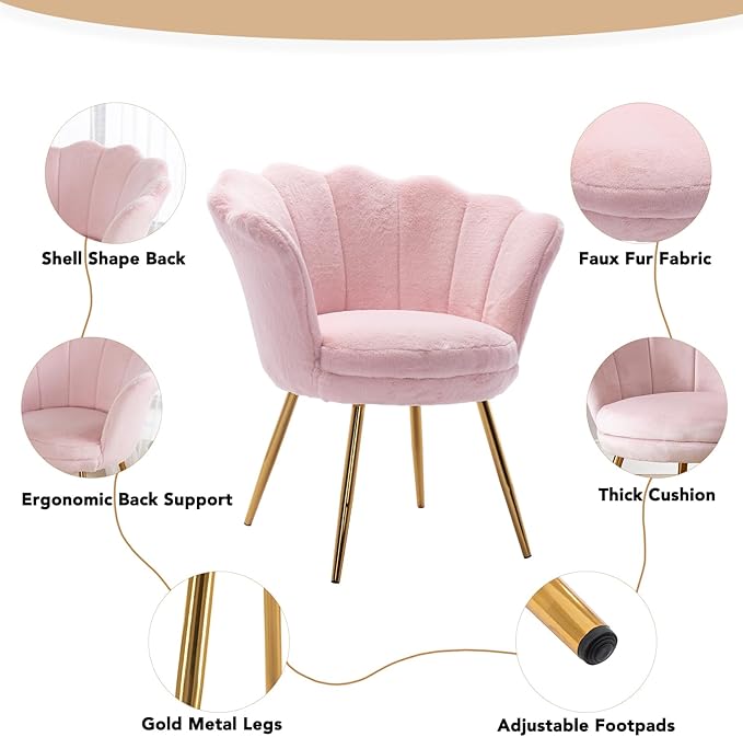 chairus Pink Makeup Vanity Chair with Back Modern Faux Fur Upholstered Small Accent Chair with Gold Metal Legs Cute Shell Shaped Vanity Stool Desk Chair for Living Room Bedroom Dressing Room