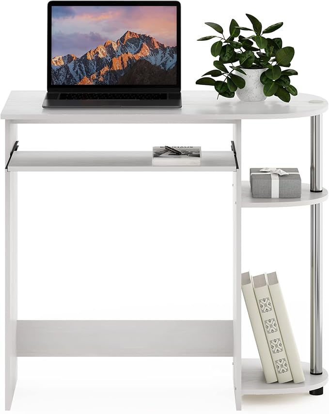 Furinno Simplistic Easy Assembly Computer Desk with Keyboard Tray White Oak/Stainless Steel