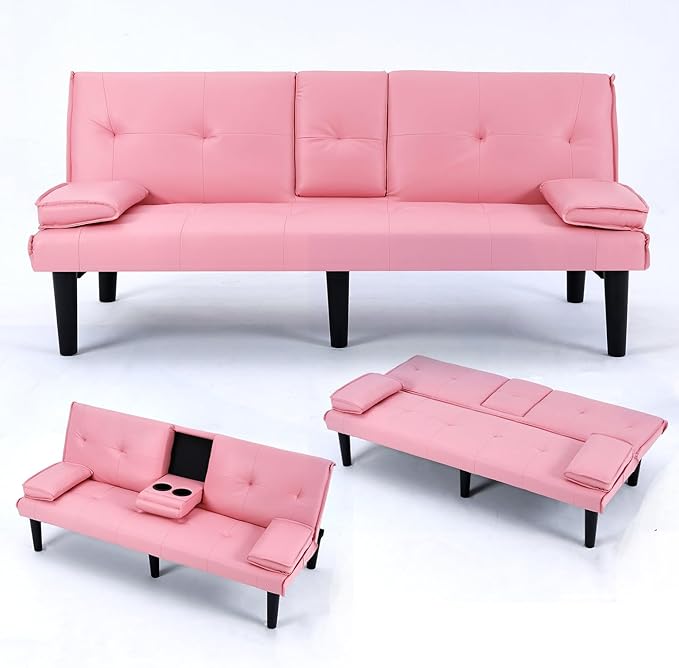 Convertible Sleeper Sofa Bed Modern Leather Futon Couch Bed Twin Size 67'' Recliner Reversible Loveseat Folding Couches Guest Bed for Small Spaces Living Room Office Dorm RV 2 Cupholders (Pink)