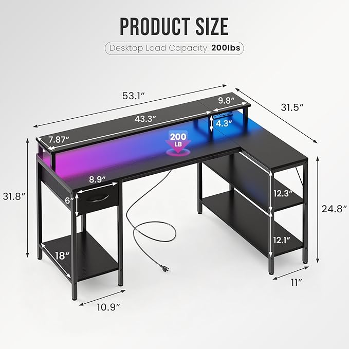 DUMOS 53” Gaming Desk with USB Charging Ports &amp LED Lights Reversible L Shaped Desks Computer Corner Gamer Table with Power Outlets Monitor Stand Storage Shelves for Home Office Small Space Blac