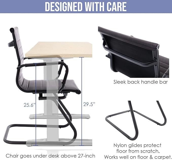 HNY Leather Office Guest Chairs &amp Reception Chairs Set of 8 Modern Waiting Room Chairs with Arms Desk Chair no Wheels with Sled Base for Waiting Room/Conference Room Retro Black