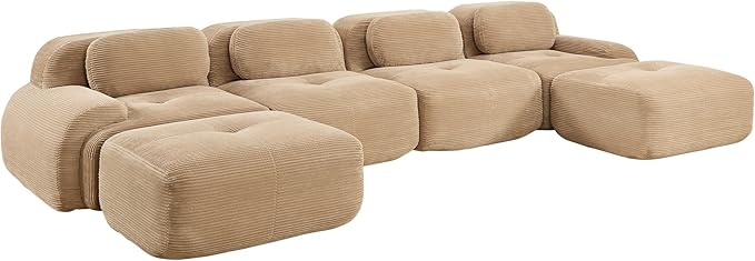 152.7 U-Shaped Cloud Couch Modular Sectional Sofa - Boneless Deep Seat 4-Seater with 2 Movable Ottomans No Assembly Corduroy Upholstery Couches for Living Room (Camel)