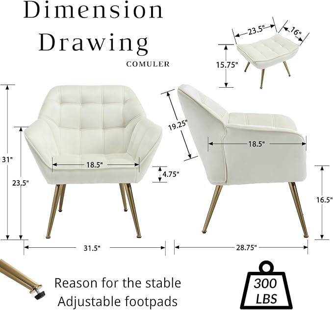 Beige Velvet Accent Chair with Ottoman Modern Reading Chair with Ottoman Set Comfy Fuzzy Armchair Living Room Chair Lounge Chairs with Metal Legs for Small Spaces Bedroom Apartment