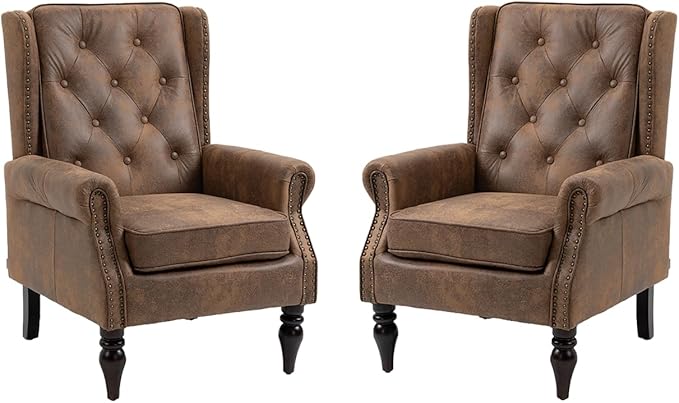 Mid-Century High Wingback Chair Set of 2Microsuede Accent Chair Armchair with ButtonsModern Living Room Chairs with Rivet DecorationLeisure Single Sofa Chair for BedroomHome Reception (Coffee)