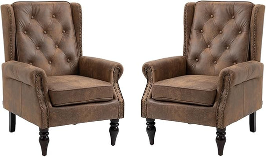 Mid-Century High Wingback Chair Set of 2Microsuede Accent Chair Armchair with ButtonsModern Living Room Chairs with Rivet DecorationLeisure Single Sofa Chair for BedroomHome Reception (Coffee)