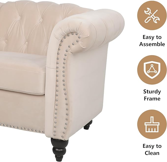 Living Room Chair Modern Velvet Chesterfield Sofa Chair Mid Century Single Sofa Couch Chair with Tufted Back and Rolled Arms Accent Sofa Chair for Living Room Apartment Beige