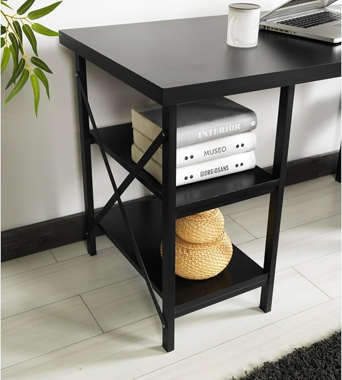 Furnish Home Store Buket Metal Frame 60 Extra Wide Wood 4 Shelves Writing and Computer Desk for Home Office Black Solid Wood Black 4 Shelves Home Office Durable