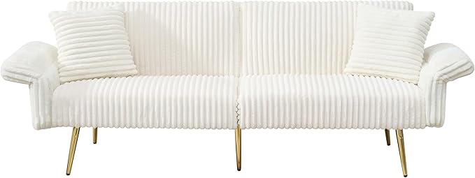 Modern Cozy Futon Sofa Bed White Loveseat with Adjustable Backrest and Armrests Corduroy Couch with Pillows Pocket for Small Spaces Living Room Apartment Or Office (White)