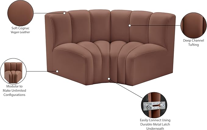 Meridian Furniture 101Cognac-S2B Arc Collection Modern | Contemporary Modular Sofa with Soft Cognac Vegan Leather Deep Channel Tufting Modular Design 60 W x 33 D x 30 H Cognac