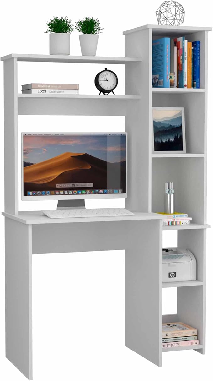White 6-Shelf Writing Work Study Desk with Built-in Bookcase Home Office Furniture for Study and Home Office White Finish