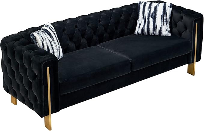 Dolonm Modern Velvet Sofa for Living Room 84 Inches Long Tufted Couch Upholstered Sofa with 2 Pillows High Arm and Metal Legs Decor Furniture for Bedroom Office (Black)