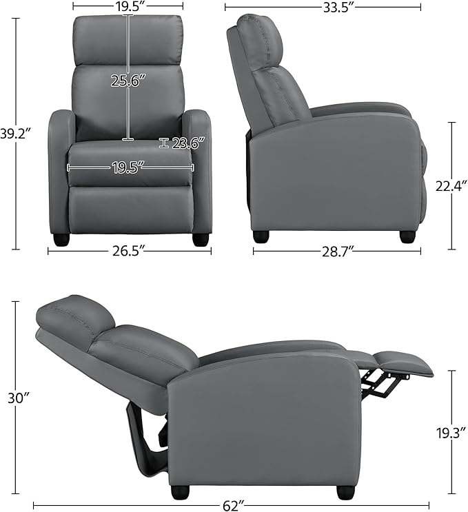 Topeakmart Single Recliner Chair PU Leather Recliner Sofa Padded Seat Club Chair for Living Room Home Theater Seating Silver Gray